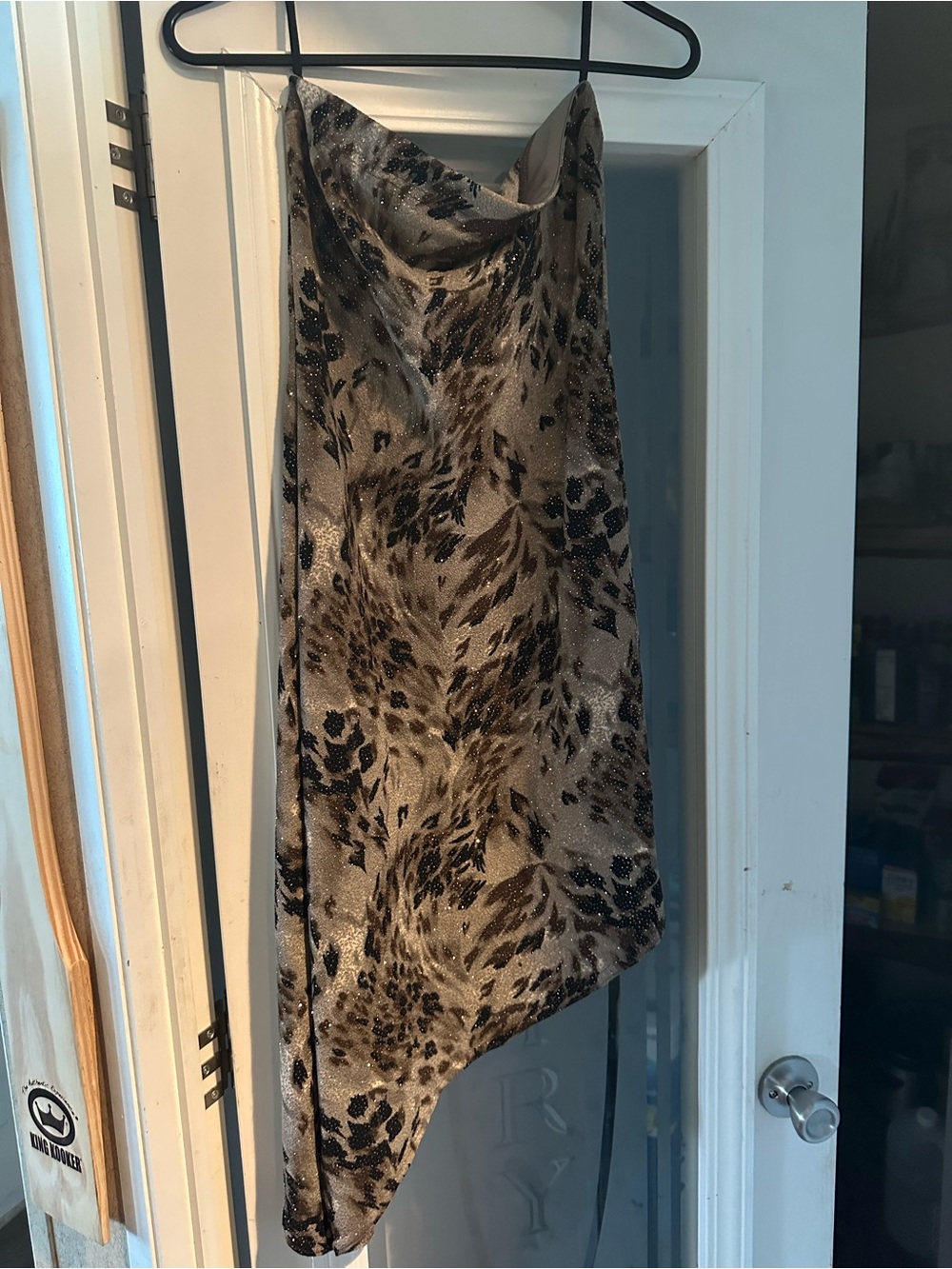 Metallic Taupe Asymmetrical Slip Dress with Leopard Motif